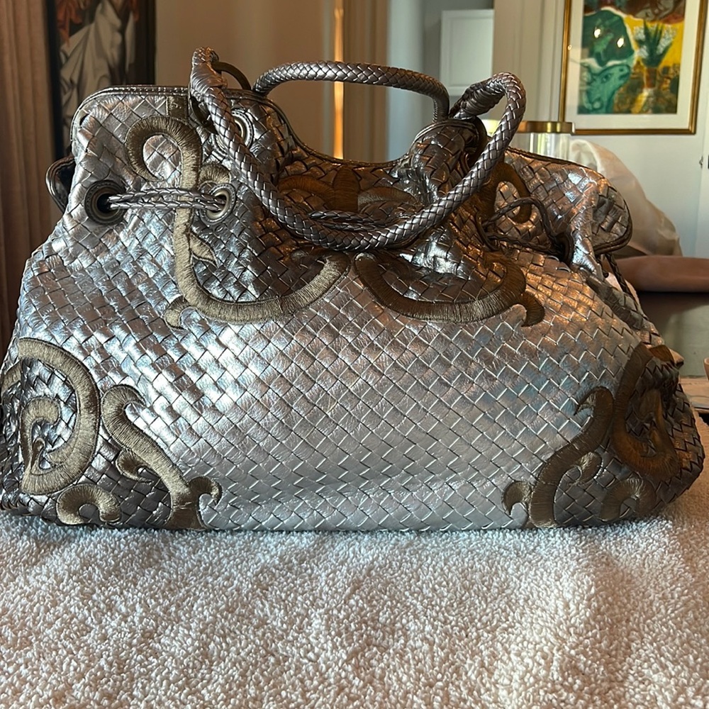 Metallic basket weave overnight bag